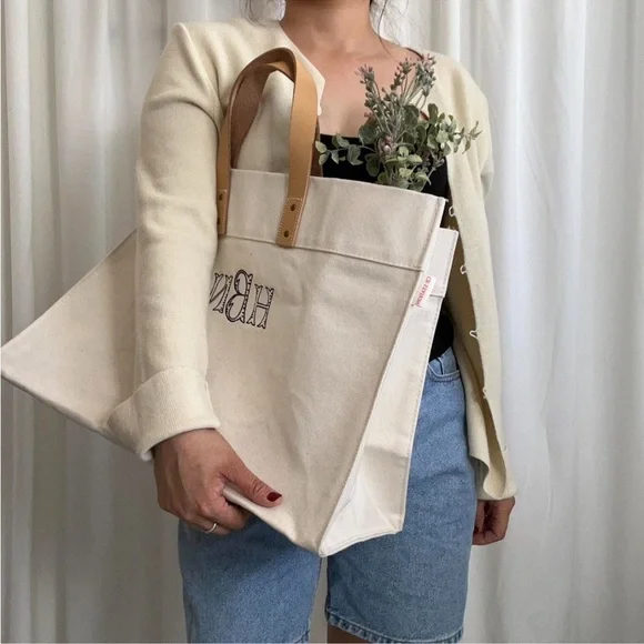 Handcrafted CB Station Cream monogram embroidered canvas tote bag. - Picture 1 of 8